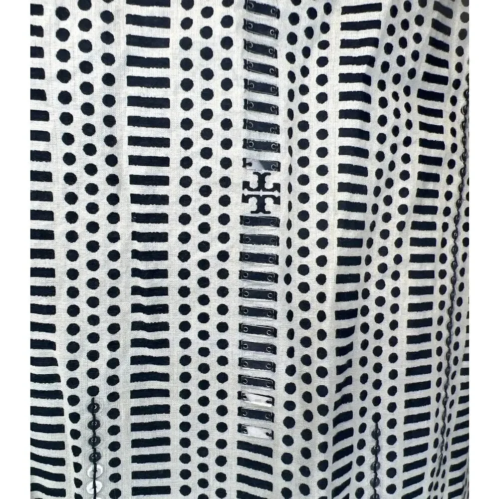 Tory Burch Stephanie Size 6 Blouse Beige Black Clear Sequin Tunic Top V-Neck